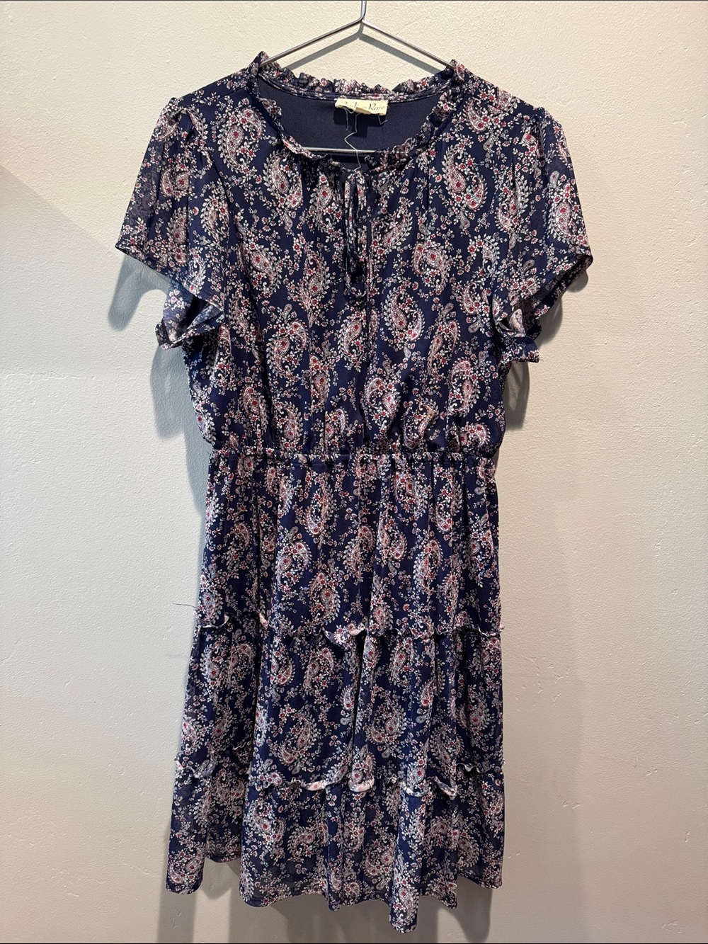 Indigo Rose Navy Blue FloralPaisley Tiered Short Sleeve Tie Front Dress